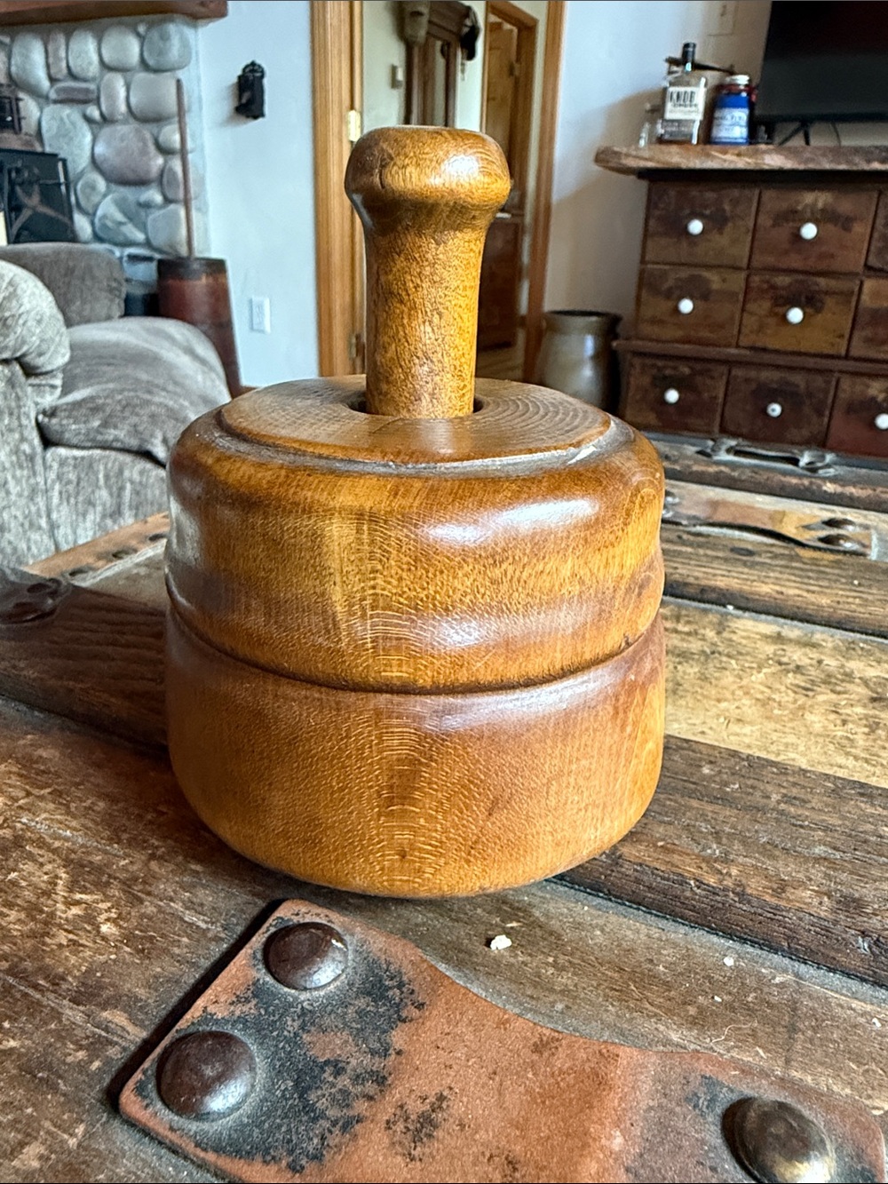 Antique Carved Wood Butter Stamp - Honey Brown